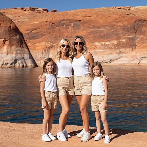 Photograph of two smiling women and two young girls in white tops and beige shorts, standing on a rocky riverside, with red rock cliffs and blue