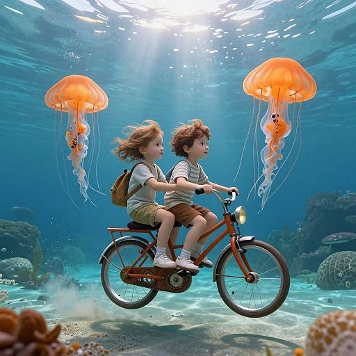 Photorealistic CGI of two children riding an orange bicycle underwater, surrounded by three glowing orange jellyfish, with sunlight filtering through.
