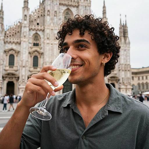 Photograph of a smiling, curly-haired man with medium skin tone, wearing a gray polo shirt, sipping champagne in front of a Gothic cathedral.