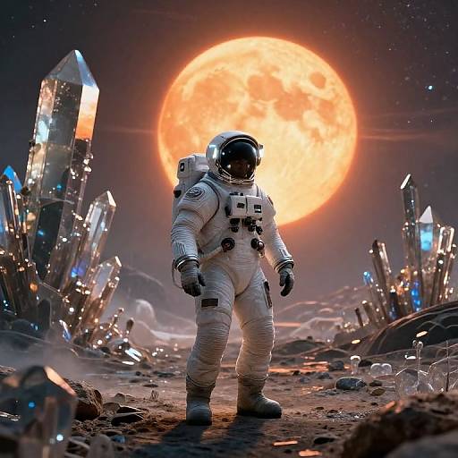 Photorealistic CGI of a lone astronaut in a white spacesuit standing on a rocky, cratered moon surface, illuminated by a massive, glowing orange