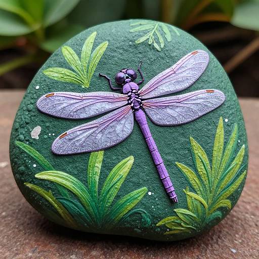 Photograph of a green, textured stone painted with a detailed purple dragonfly and green grass, set outdoors on a brown surface.