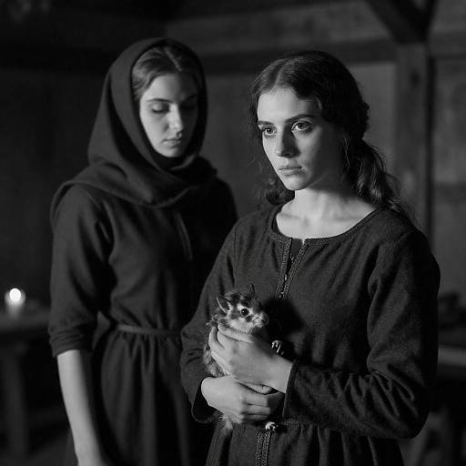 Black-and-White Medieval Women in Rustic Interior