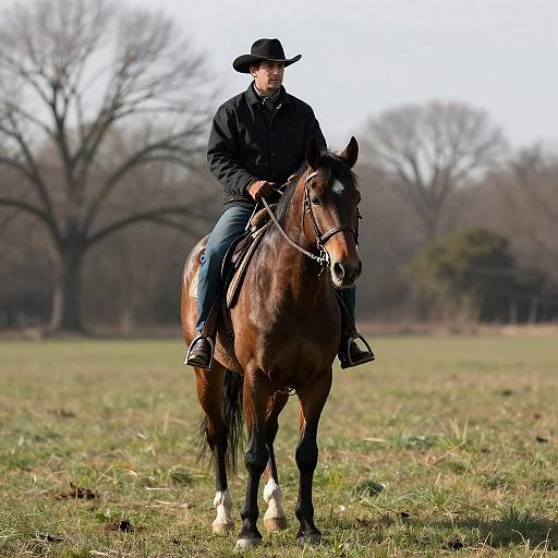 Man Riding Dark Brown Horse Outdoors