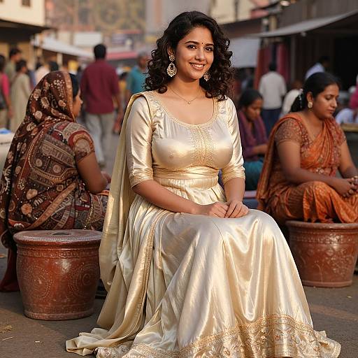 Photograph of a smiling South Asian woman with curly black hair, wearing a gold satin saree, sitting on a patterned metal stool in a bustling