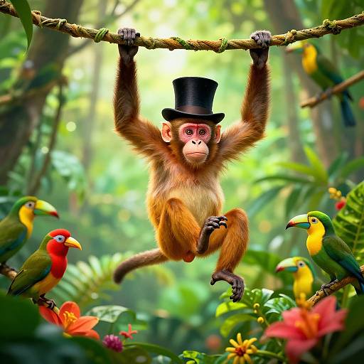 Photorealistic digital artwork: A monkey with a black top hat hangs from a branch, surrounded by colorful parrots and vibrant jungle foliage.
