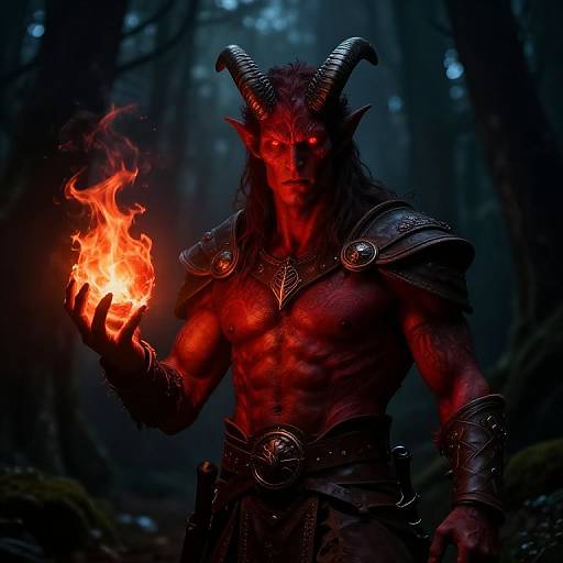 Photorealistic CGI of a muscular, red-skinned demon with black horns, holding a fiery orb in a dark, misty forest.