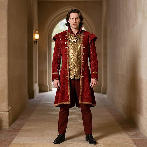 Photograph of a man with long brown hair, wearing a red and gold ornate medieval-style coat, standing in a stone hallway with an arched