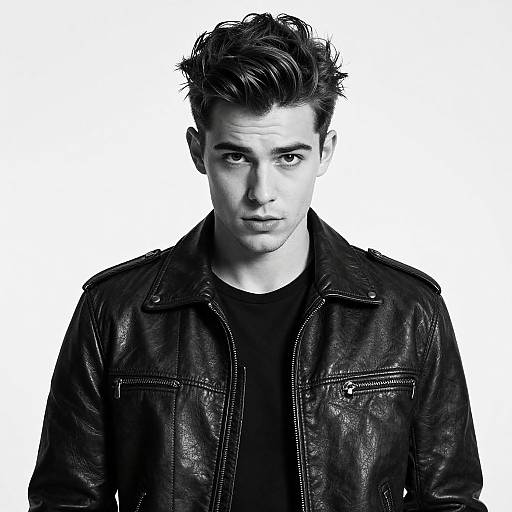 Black-and-white photograph of a serious young man with tousled hair, wearing a leather jacket over a black shirt, against a white background.