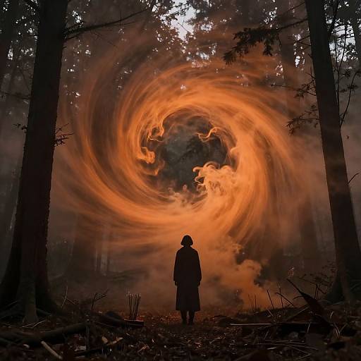 Photograph of a person in a long coat standing in a dark forest, facing a swirling, fiery vortex of orange and yellow flames.