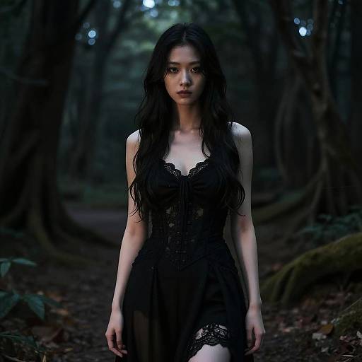 Photograph of an Asian woman with long black hair, wearing a sheer black lace dress, standing in a dark, misty forest path.