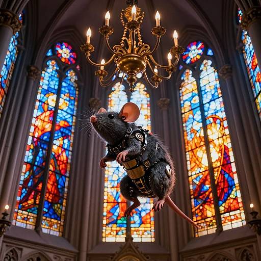 Photorealistic image of a black mouse in a leather harness, floating mid-air beneath a lit chandelier, in front of vibrant, multi-colored cathedral