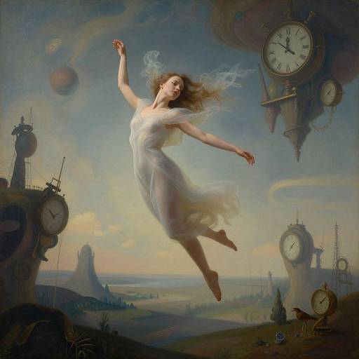 Surrealist painting of a floating, ethereal woman in a white dress, surrounded by giant clock towers, floating planets, and a dreamy landscape
