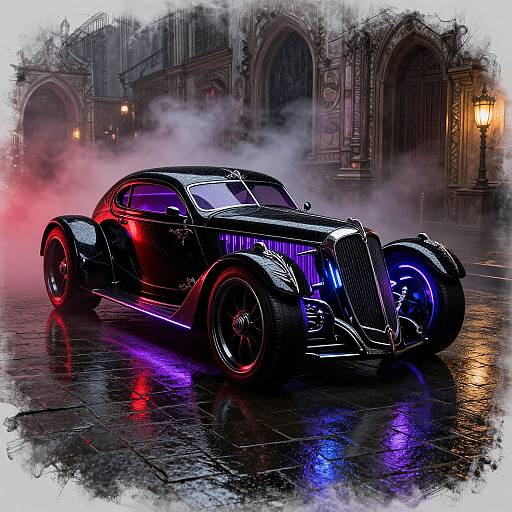 Photorealistic digital art of a sleek, black, vintage Rolls-Royce with neon blue and red lights, driving on a wet, reflective street