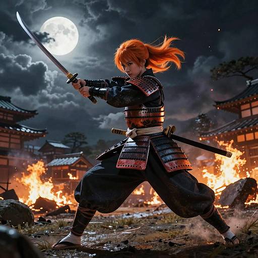 Digital anime-style artwork of a red-haired samurai with a glowing sword, fighting amidst burning buildings under a full moon night sky.