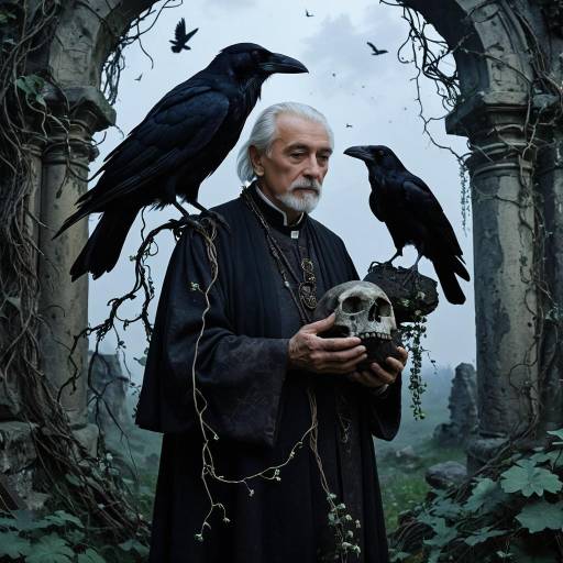 Elderly Alchemist with Ravens in Ancient Ruins