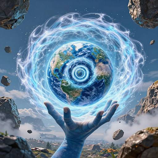 Photograph of a glowing, blue, swirling energy sphere centered over a hand, surrounded by rocky terrain and a cloudy sky.