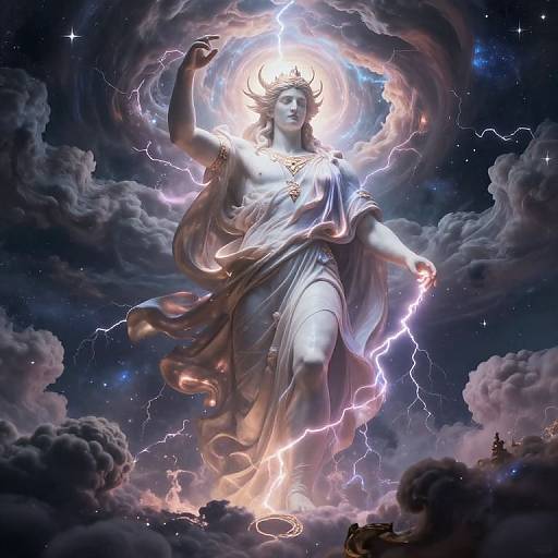 Digital artwork of a celestial, lightning-encircled goddess with flowing white robes, crowned, and glowing halo, standing amid dark, starry clouds