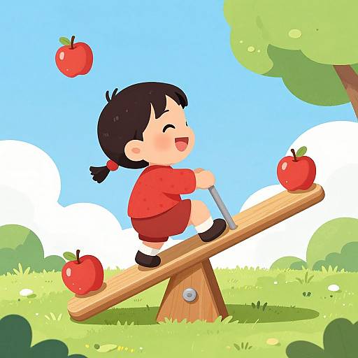 Cartoon of a happy, chubby, black-haired boy in red shirt and brown shorts, playing on a wooden seesaw with apples in a bright,