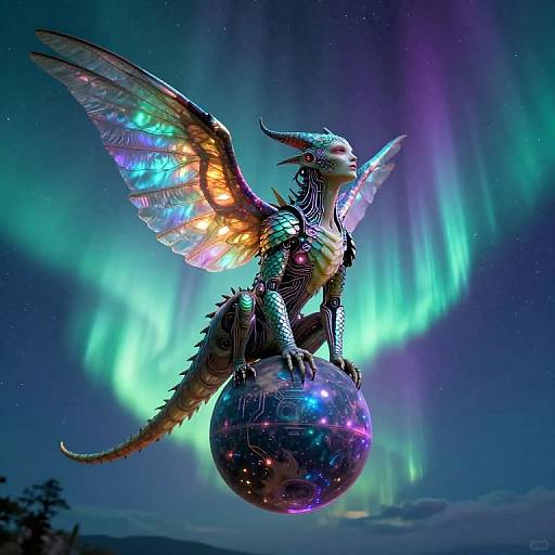Digital art of a glowing, multicolored dragon with iridescent wings perched on a starry, reflective sphere against a vivid aurora night