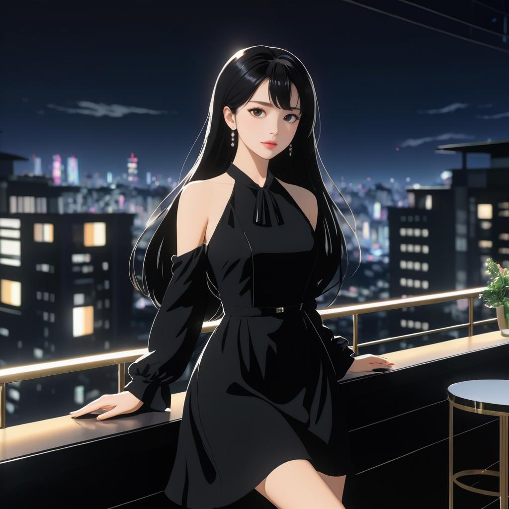 Chic Rooftop Bar Night in Anime Style