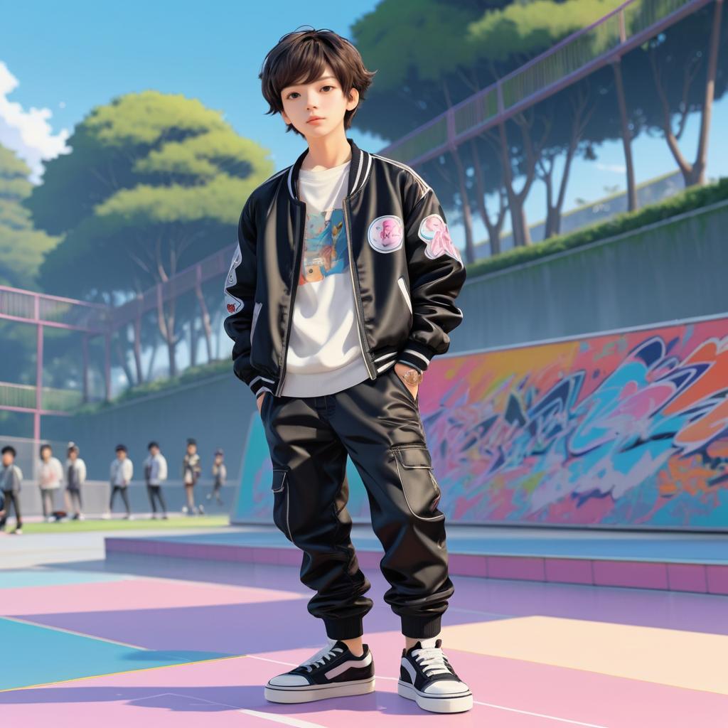 Fashionable Anime Boy at Skate Park