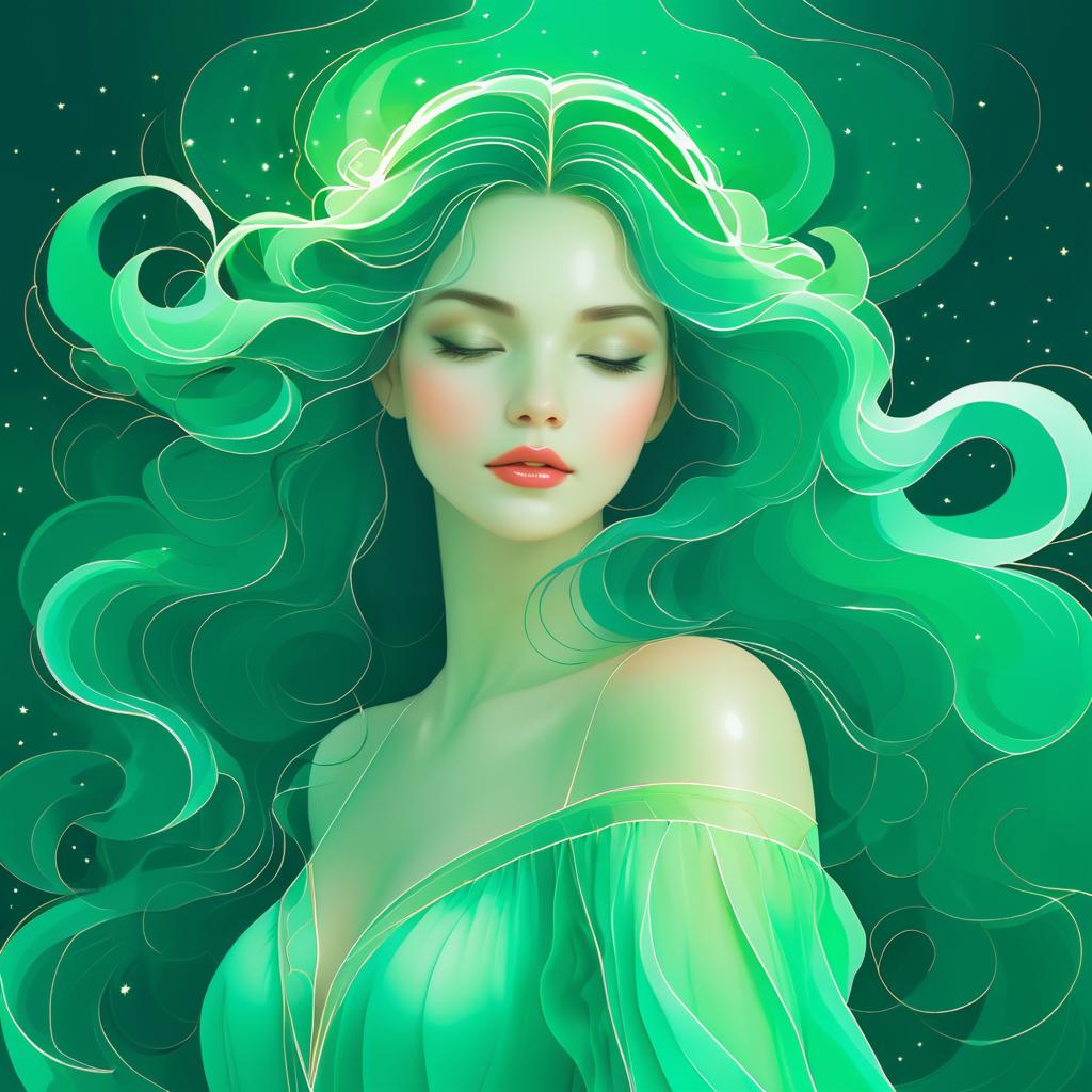 Ethereal Beauty: Emerald Hair Illustration