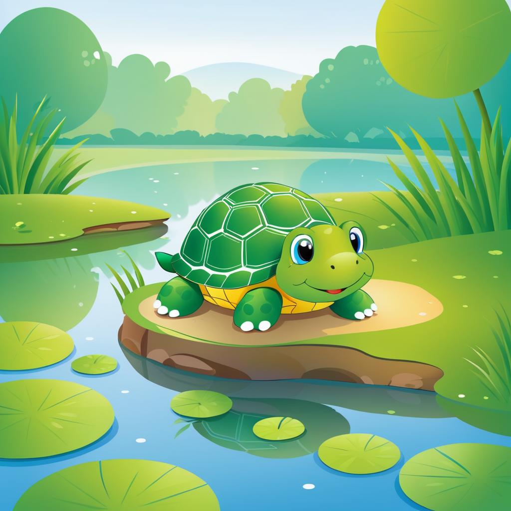 Playful Turtle by a Pond Illustration