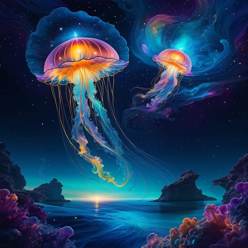 Ethereal Cosmic Jellyfish in Surreal Depths