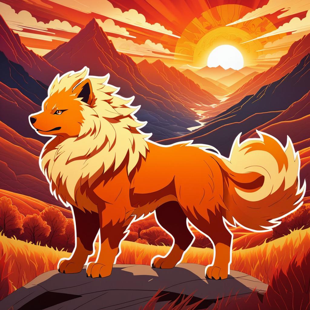 Arcanine in a Fiery Sunset Landscape