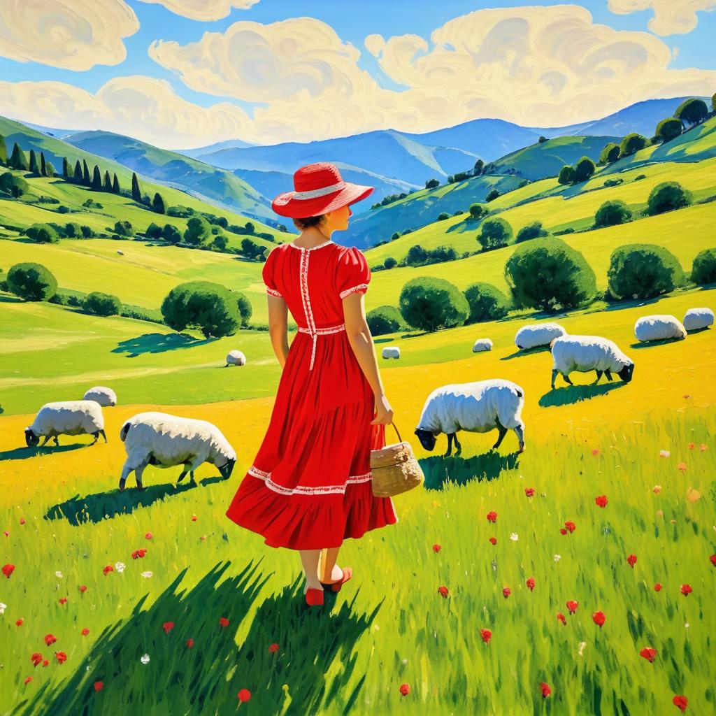 Tranquil Meadow with Sheep and Woman