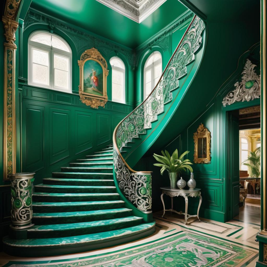 Ornate Emerald and Silver Staircase Design