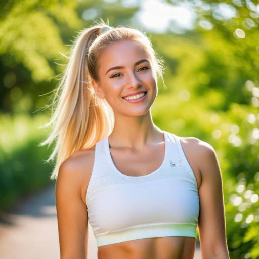 Smiling Young Woman in White Sports Bra Outdoors