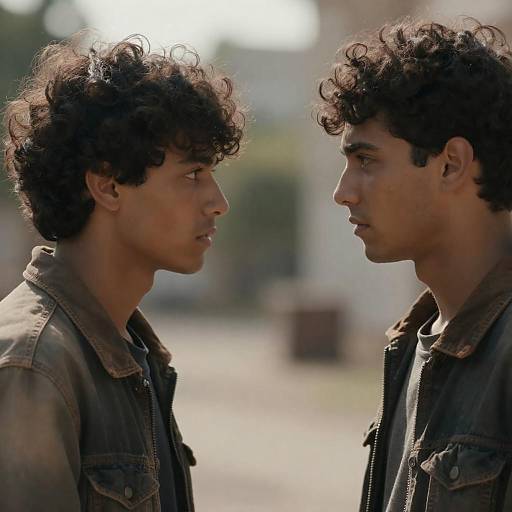 Photograph of two young men with curly dark hair, facing each other in profile, wearing denim jackets, in a sunlit, blurred outdoor setting.