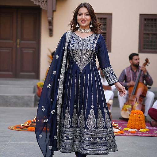 Photograph of a beautiful Indian woman with long brown hair, wearing an elegant black traditional dress with silver embroidery, walking confidently in front of a musician playing