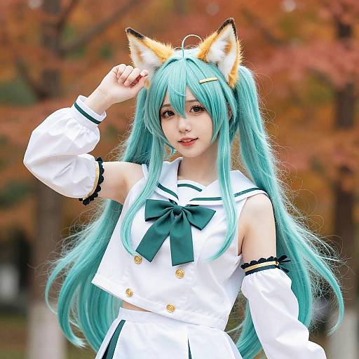 Photograph of a young woman in anime cosplay, with long turquoise hair, fox ears, white sailor-style outfit, green bow, and autumn forest background