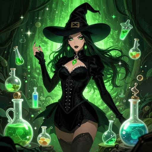 Digital illustration of a sexy witch with green eyes, black corset, and hat, surrounded by glowing green and blue potions in a dark, enchanted forest