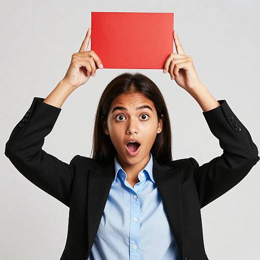 Photograph of a surprised young Asian woman with long black hair, wearing a black blazer and blue shirt, holding a red rectangle above her head against