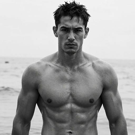 Black-and-white photograph of a muscular, shirtless Asian man with short, spiky hair standing on a beach, water in background.