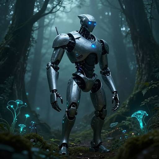 Digital art of a glowing blue-eyed, metallic humanoid robot standing in a dark, misty forest with bioluminescent mushrooms.