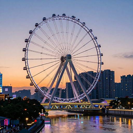 Photograph of a large, illuminated Ferris wheel at sunset over a city skyline, with vibrant orange and purple sky, reflecting on a calm river below