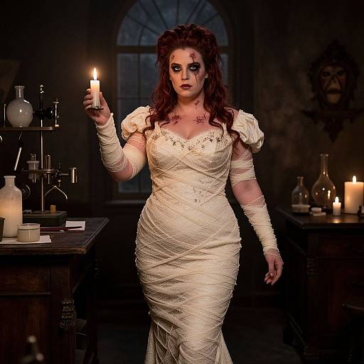 Photograph of a curvy, pale-skinned woman with dark red hair in a white, textured mummy dress holding a lit candle in a dim