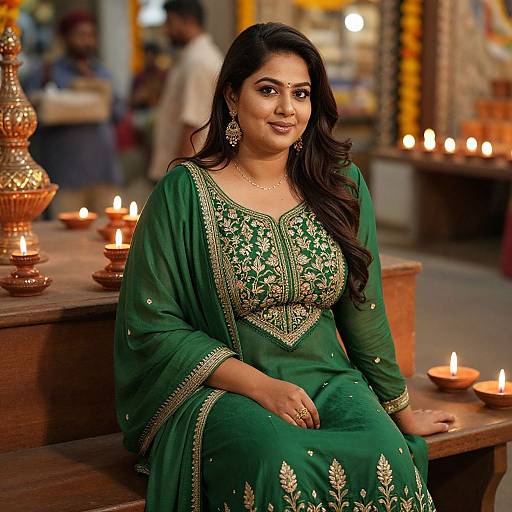Photograph of an Indian woman with long dark hair, wearing a green embroidered traditional salwar kameez, seated among lit candles in a warmly lit