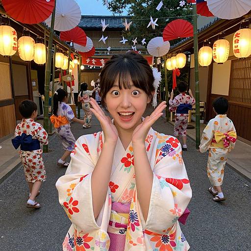 Photograph of a smiling Japanese woman in a colorful floral kimono, hands raised, surrounded by lanterns, kites, and other kimonos