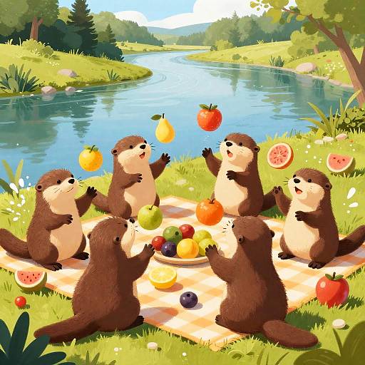 Playful Otters Juggling Fruits Picnic