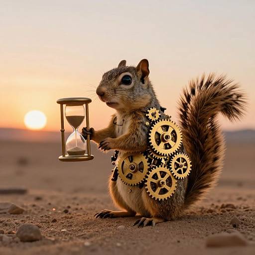 Photograph of a squirrel with gears on its back, holding a hourglass, set against a sunset desert backdrop.