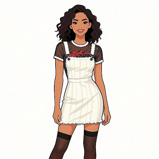 Digital illustration of a smiling Black woman with curly hair, wearing a black t-shirt, white pinafore dress, and black thigh-high socks.