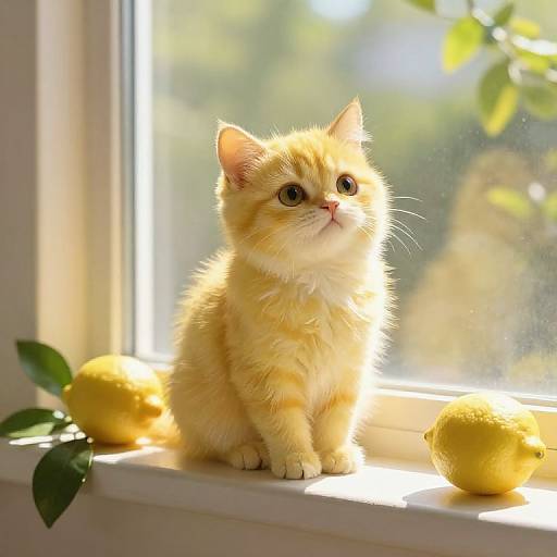 Photograph of a fluffy, yellow-orange kitten with large eyes sitting on a sunlit windowsill, surrounded by lemons and green leaves.