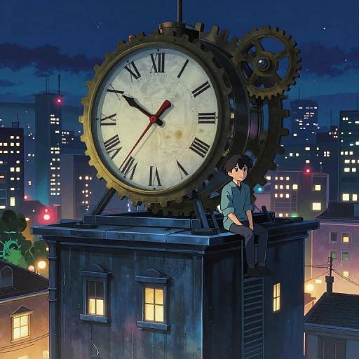 Animated Scene of Boy Sitting by Giant Clock on Rooftop at Night