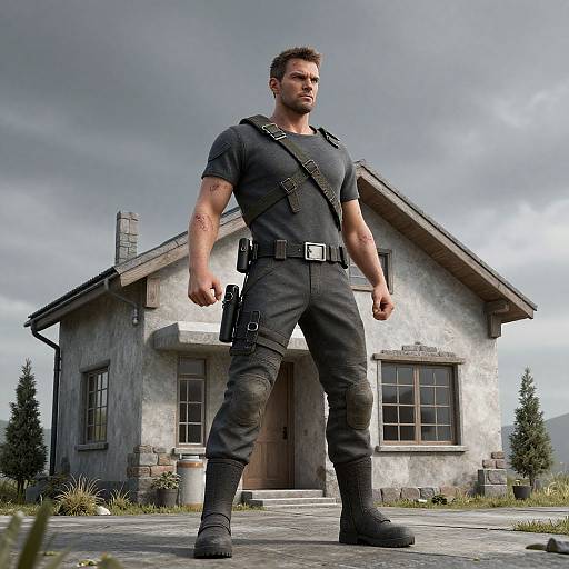 Futuristic Resistance Leader Standing Fierce in Front of House