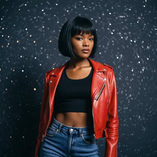 Young Woman in Red Leather Jacket and Black Crop Top